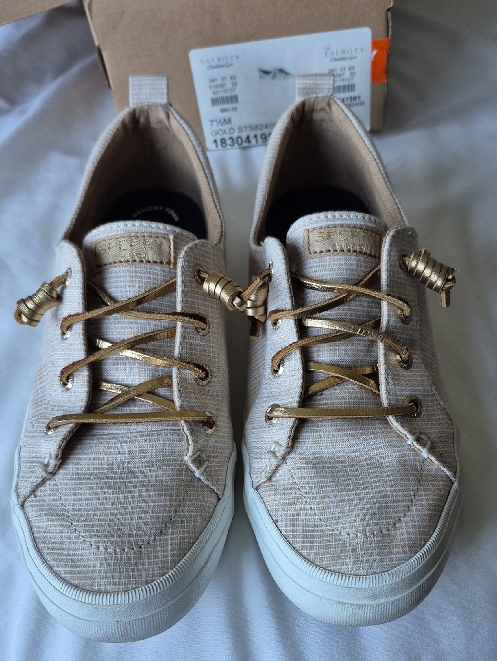 Sperry Women's Beige Linen-Texture Slip-On Sneakers with Gold Accents